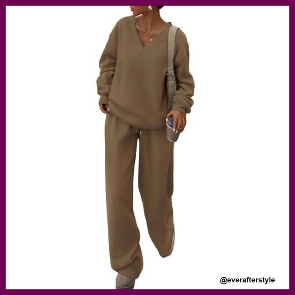 V Neck Sweatshirt Wide Leg Pants Set Cozy Knit Casual Winter Outfit - Picture 2 of 8